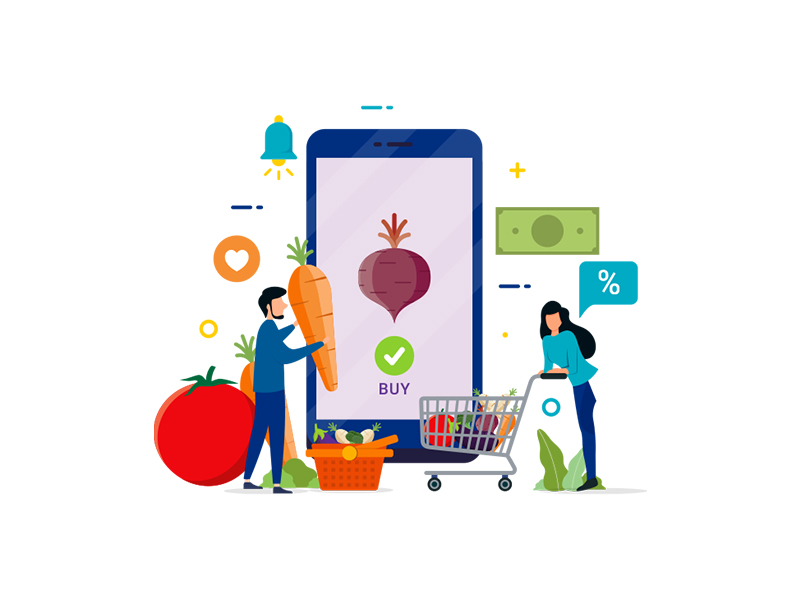 People interacting with fresh groceries and digital shopping elements around a mobile interface